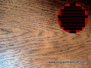 Фото: зліва / зверху: рівнинна деревина паралельна стовбуру, виявляючи річні кільця у вигляді кривих чи овалів